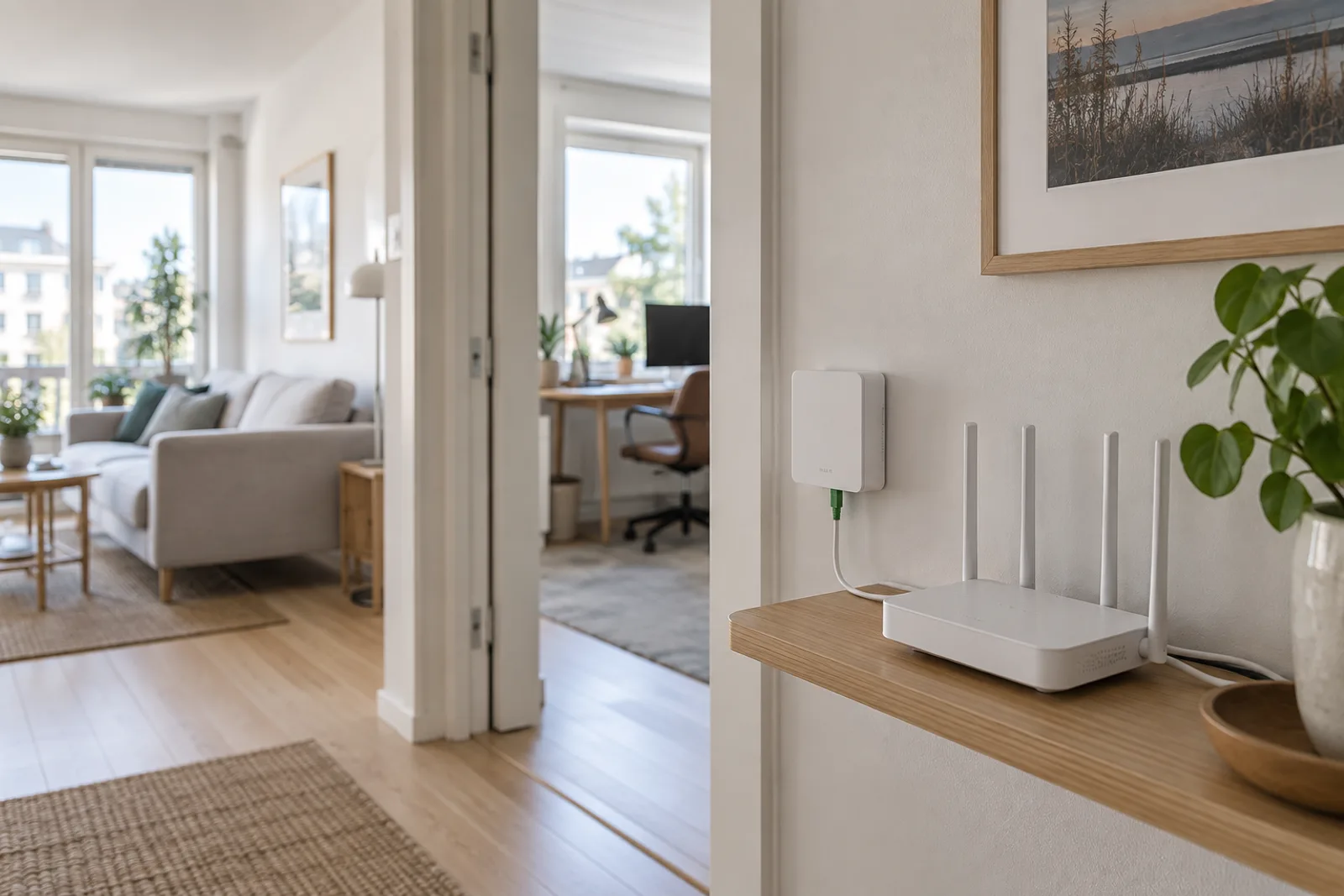 Fiberanslutning och wifi-router installerade i ett svenskt hem